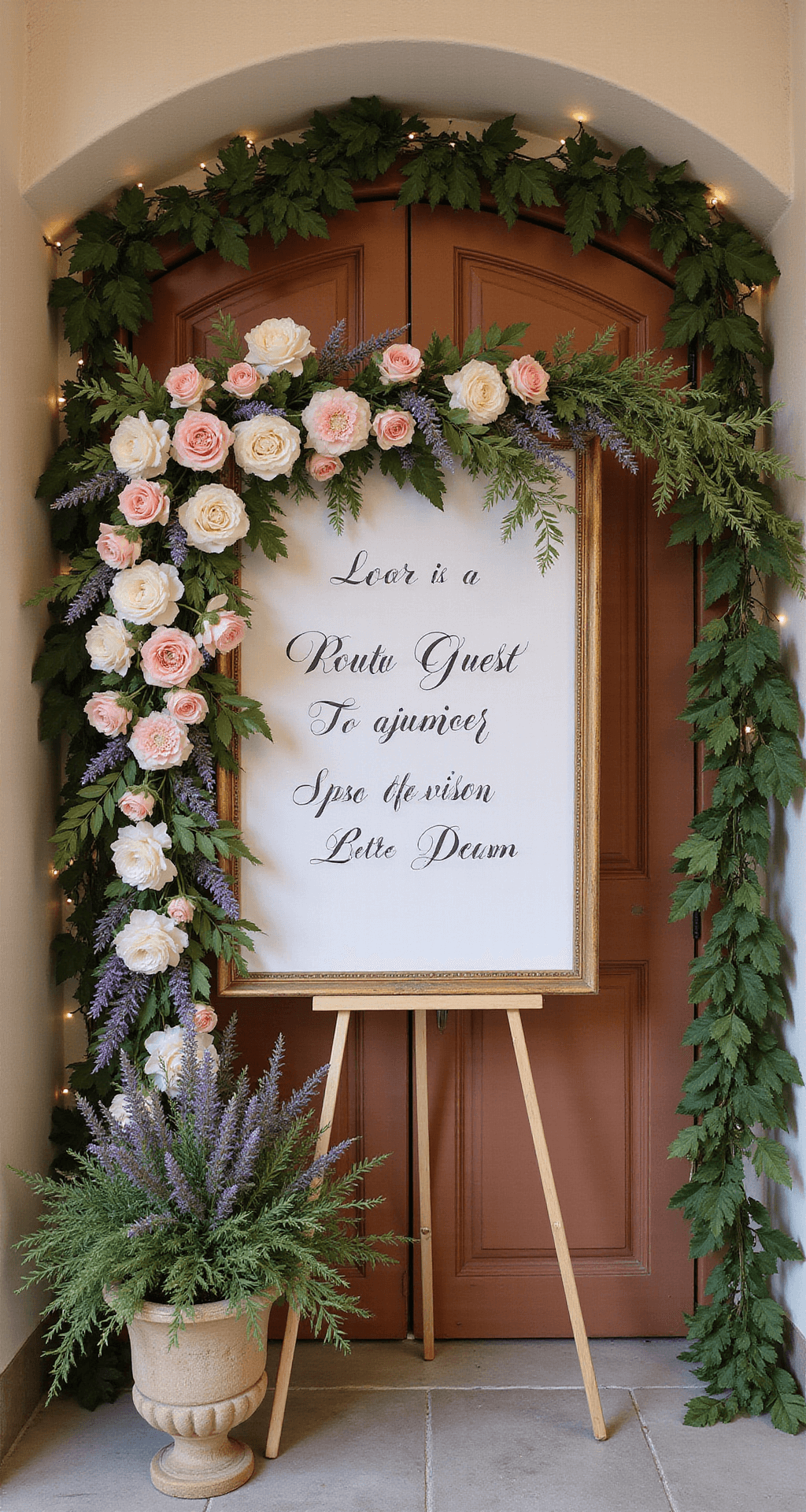 Romantic wedding entryway decor with blush pink roses, lavender, and ivory flowers asymmetrically arranged around a vintage wooden frame, featuring elegant calligraphy signage, soft fairy lights woven through greenery garland, and a welcome table with textured ceramic vessels and cascading greenery in warm terracotta and cream colors.