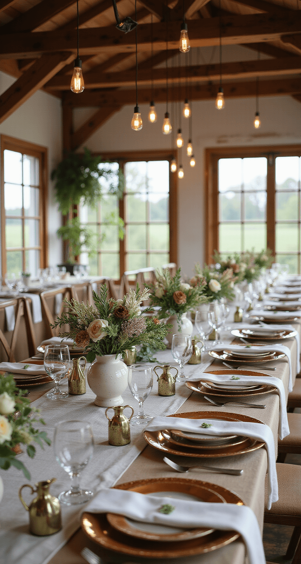 A rustic chic dining room wedding reception featuring a long banquet table with mismatched vintage china in soft gold and ivory, wildflower centerpieces in ceramic vessels, natural linen tablecloth, sage green and terracotta accents, and candles in brass holders, all illuminated by soft mood lighting under exposed wood beams with a garden view through large windows.