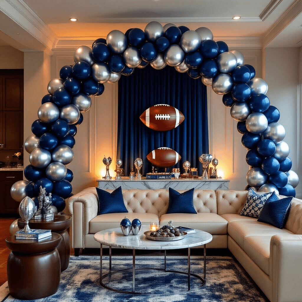 Wide-angle view of an elegant indoor living room decorated for a Super Bowl party, featuring a navy blue and metallic silver balloon arch behind a marble food table, cascading foil football balloons, chrome-weighted centers on mahogany side tables, gentle lighting, and cream leather sectional seating in stadium-style tiers.
