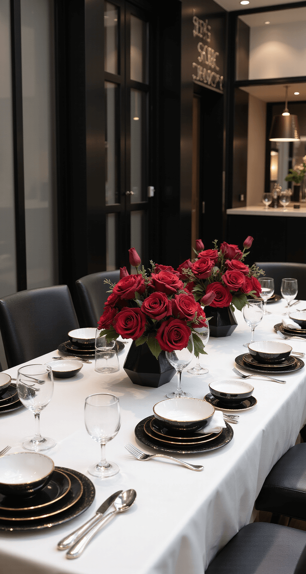Modern minimalist wedding tablescape featuring black and white color contrast, formal china with gold rims, a dramatic centerpiece of deep red roses and black calla lilies in a geometric vase, crisp white linens, and sophisticated overhead lighting.