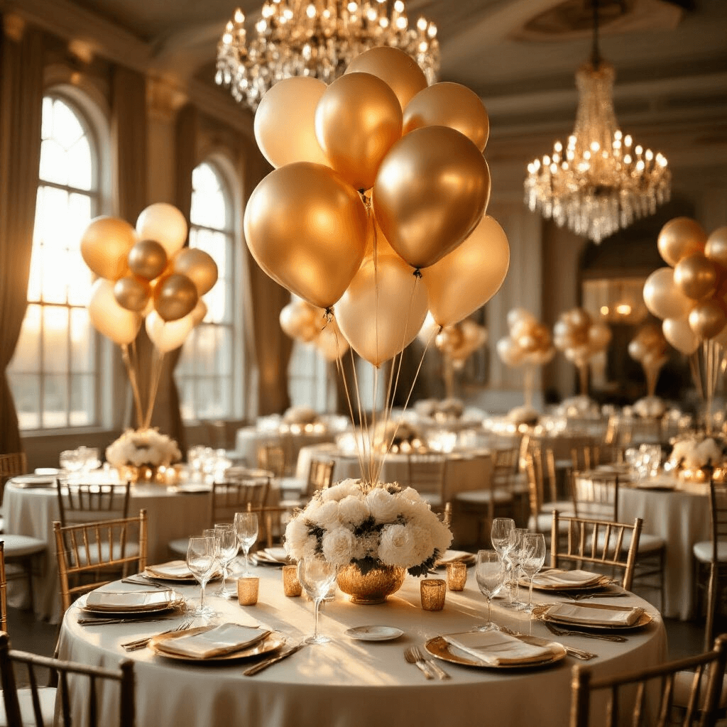 A luxurious indoor ballroom elegantly decorated for an event during golden hour, featuring floating metallic gold foil balloon centerpieces, ivory silk table linens, and warm light from crystal chandeliers, with floral arrangements and gold accents enhancing the celebratory atmosphere.