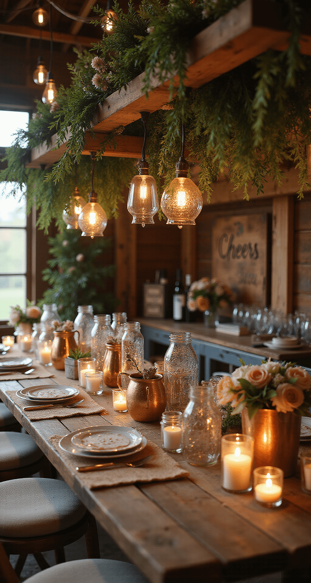 A photorealistic wedding bar scene featuring a rustic wooden bar with reclaimed timber, lush greenery and wildflower arrangements, illuminated by soft golden hour light and hanging string lights, with crystal glassware and copper Moscow Mule mugs, tealight candles in mason jars, burlap table runners, vintage metal accents, and a hand-painted wooden sign reading 'Cheers', set against a blurred outdoor wedding venue backdrop.
