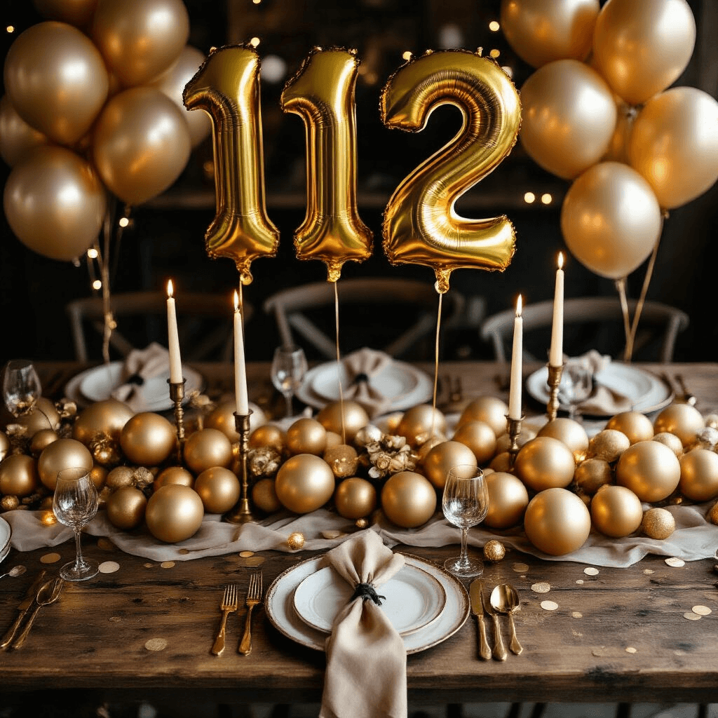 Overhead flat lay of a golden birthday celebration featuring a rustic wooden table with latex and foil balloons, brass candlesticks with ivory candles, elegant place settings, scattered gold confetti, and warm fairy lights creating a cozy ambiance.