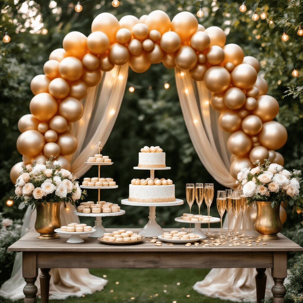 Close-up detail of a stylish backyard garden party setup featuring a golden balloon arch, a rustic dessert table with marble cake stands, gold-leafed macarons, and sparkling champagne flutes, all bathed in soft morning light.