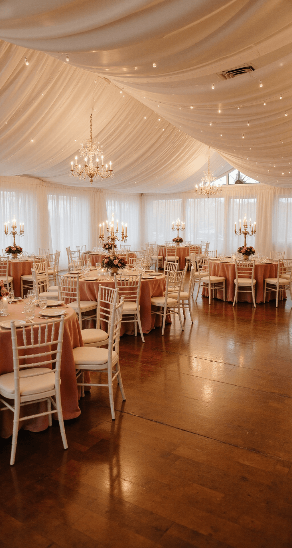 A romantic wedding reception with blush and ivory velvet tablecloths, crystal candelabras with flickering candles, and low garden rose centerpieces. Overhead fairy lights enhance the warm glow, illuminating a vintage hardwood dance floor, while soft white drapery adds an ethereal touch.