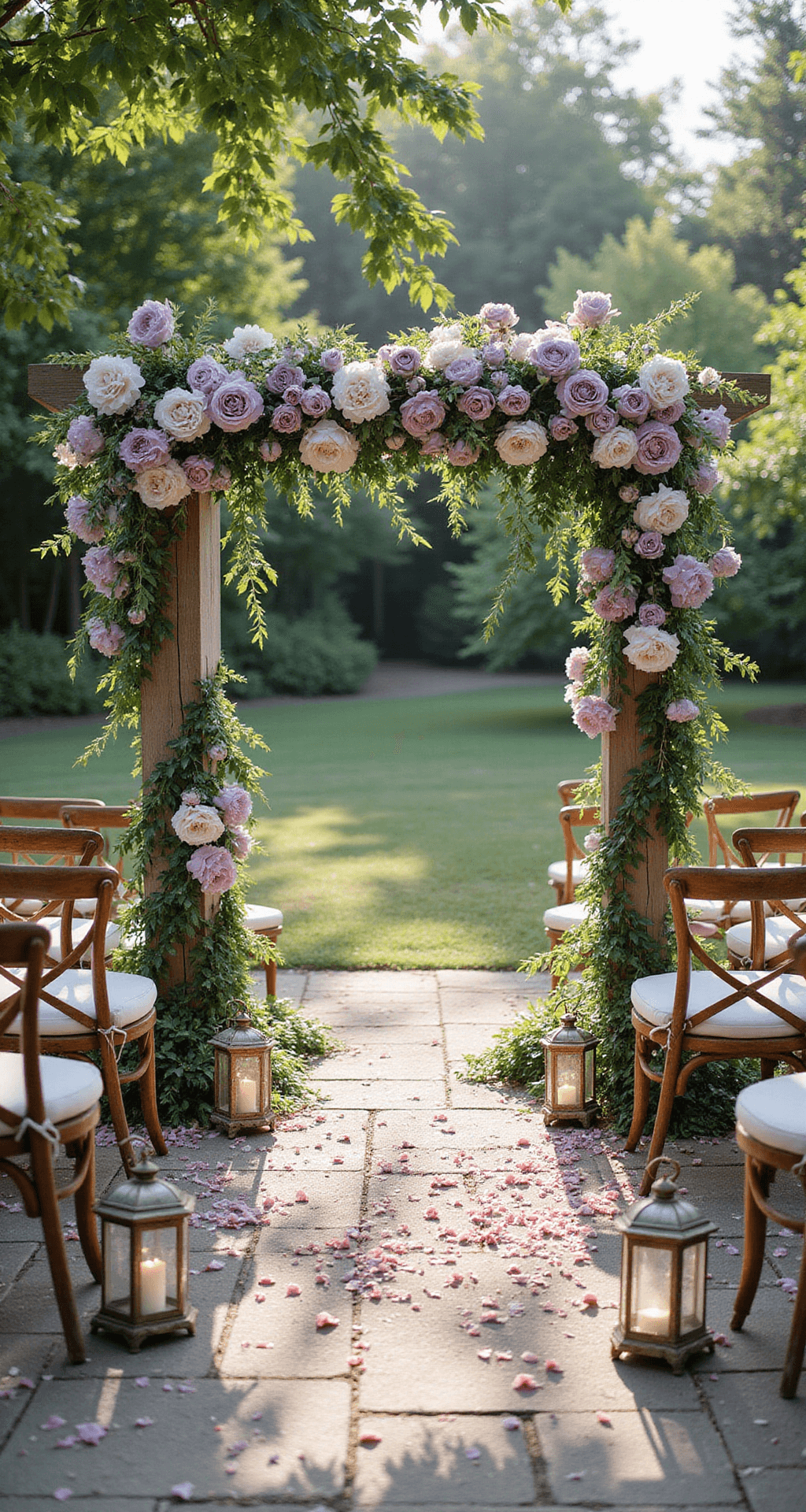 An intimate outdoor garden wedding ceremony beneath a floral arch of lavender, dusty purple, and white peonies, with sunlight filtering through greenery, casting light on crystal lanterns and rose petals lining a stone pathway, surrounded by vintage mismatched chairs.