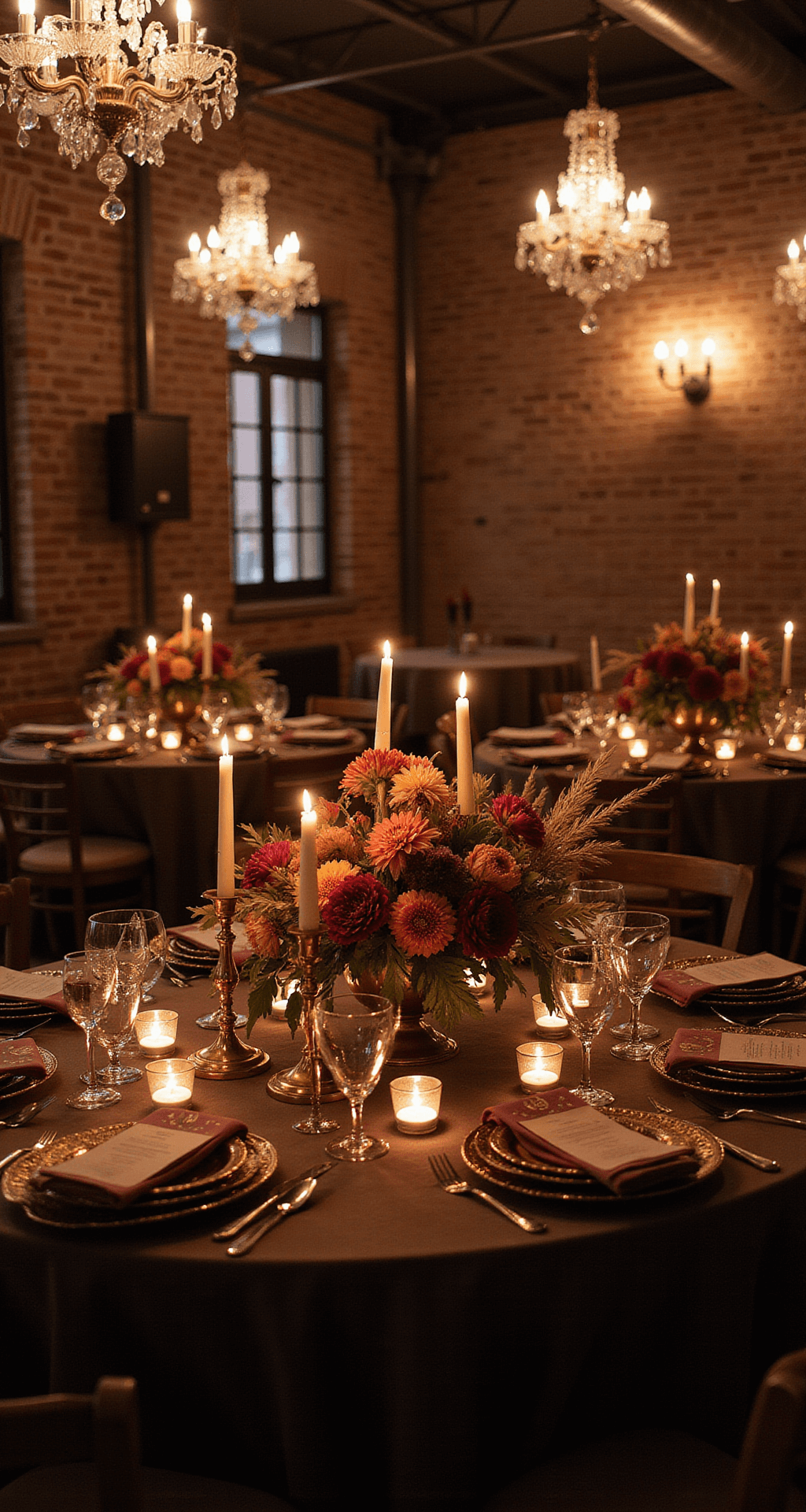 A moody evening wedding reception showcasing terracotta and deep plum colors, with exposed brick walls illuminated by warm candlelight, featuring copper charger plates, dark linen tablecloths, hanging crystal chandeliers, vintage brass candlesticks, and low centerpieces of dahlias and pampas grass.