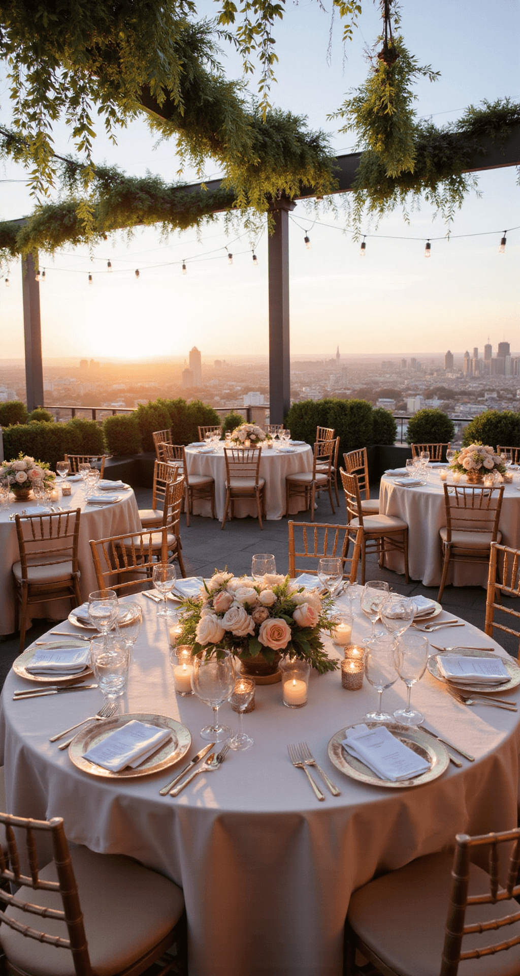 A romantic rooftop sunset wedding with blush and gold accents, showcasing an open-air reception space adorned with string lights and greenery, round tables with champagne silk linens, and floral centerpieces of garden roses and hydrangeas.