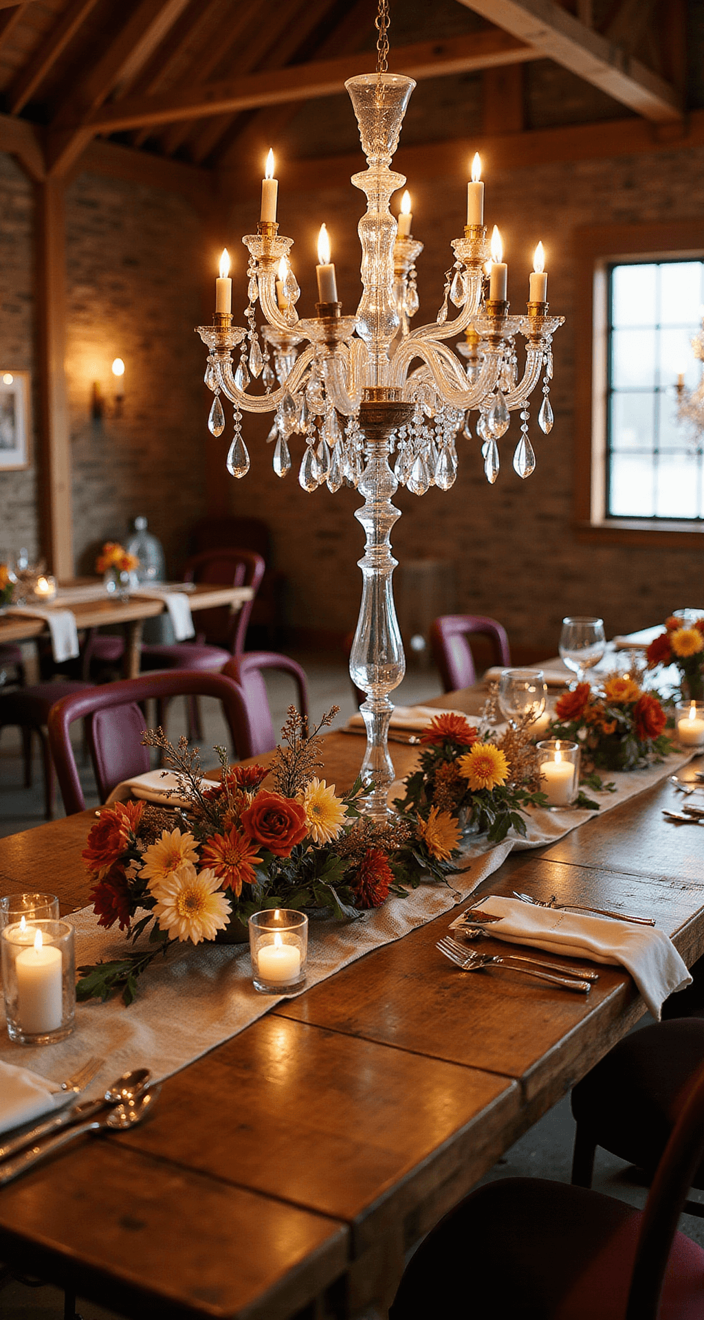 An intimate autumn wedding in a rustic barn featuring warm rust, mustard, and deep plum colors, with oversized crystal candelabras on wooden farm tables, low centerpieces of dried flowers and seasonal branches, flickering pillar candles, and cozy amber lighting from vintage lanterns.
