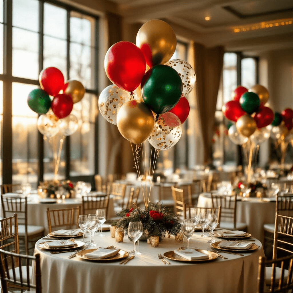 Elegant indoor ballroom during golden hour with sophisticated holiday balloon centerpieces in red, green, and gold, ivory silk linens, crystal glassware, and gold charger plates, enhanced by natural sunlight and luxurious details like velvet ribbon ties and fresh greenery.
