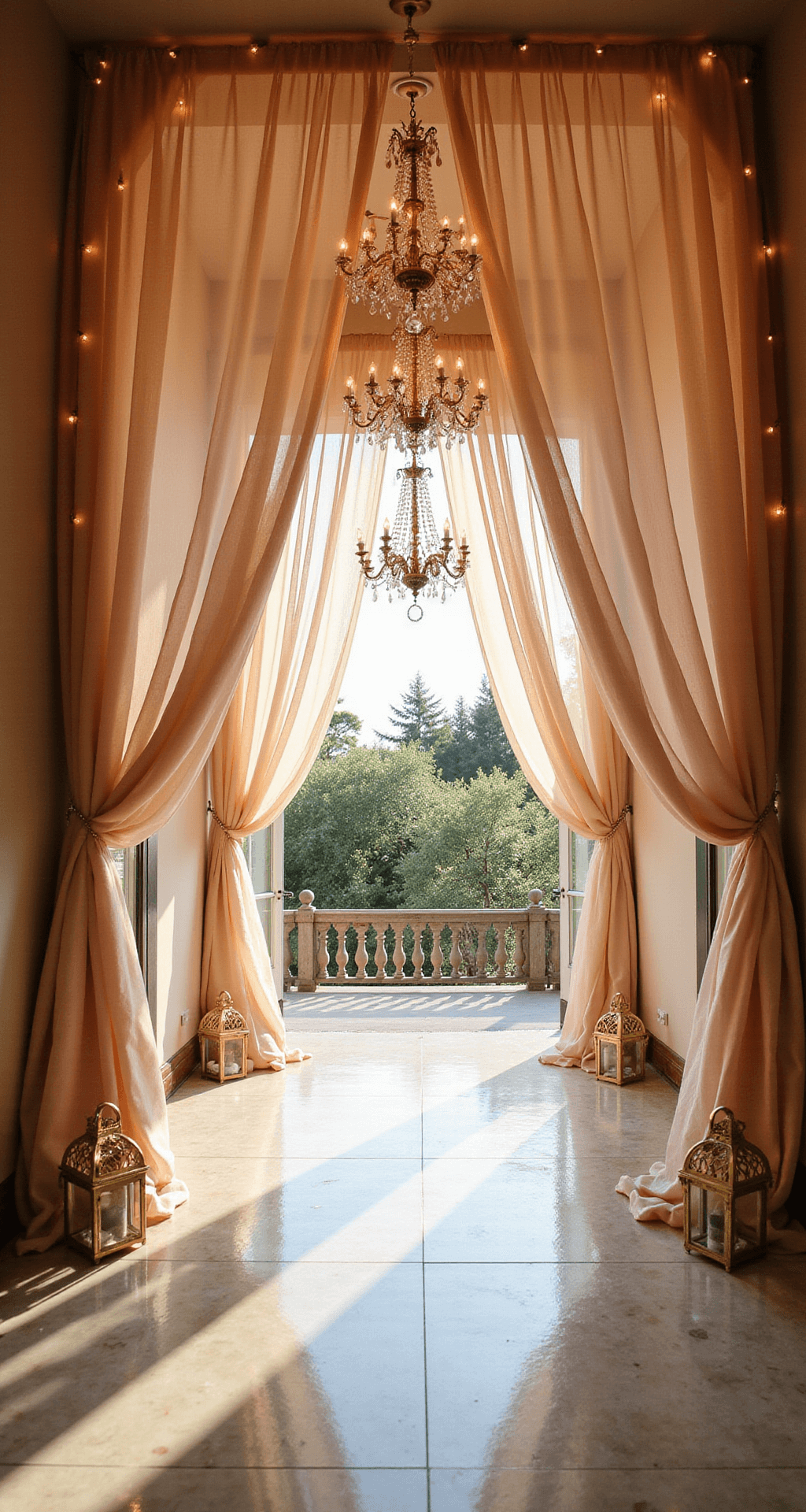 An ethereal wedding entrance featuring a twinkling fairy light tunnel, soft blush and ivory chiffon drapes, delicate crystal chandeliers, marble flooring reflecting golden light, and vintage brass lanterns, viewed from above, transforming the space into a romantic wonderland.