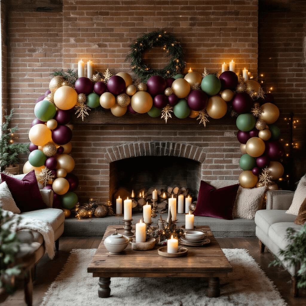 Overhead view of a cozy living room with a rustic wooden mantel decorated with a sophisticated balloon garland in burgundy and sage green, featuring gold foil reindeer and Christmas trees, surrounded by warm candlelight and plush velvet cushions, creating an intimate holiday atmosphere.