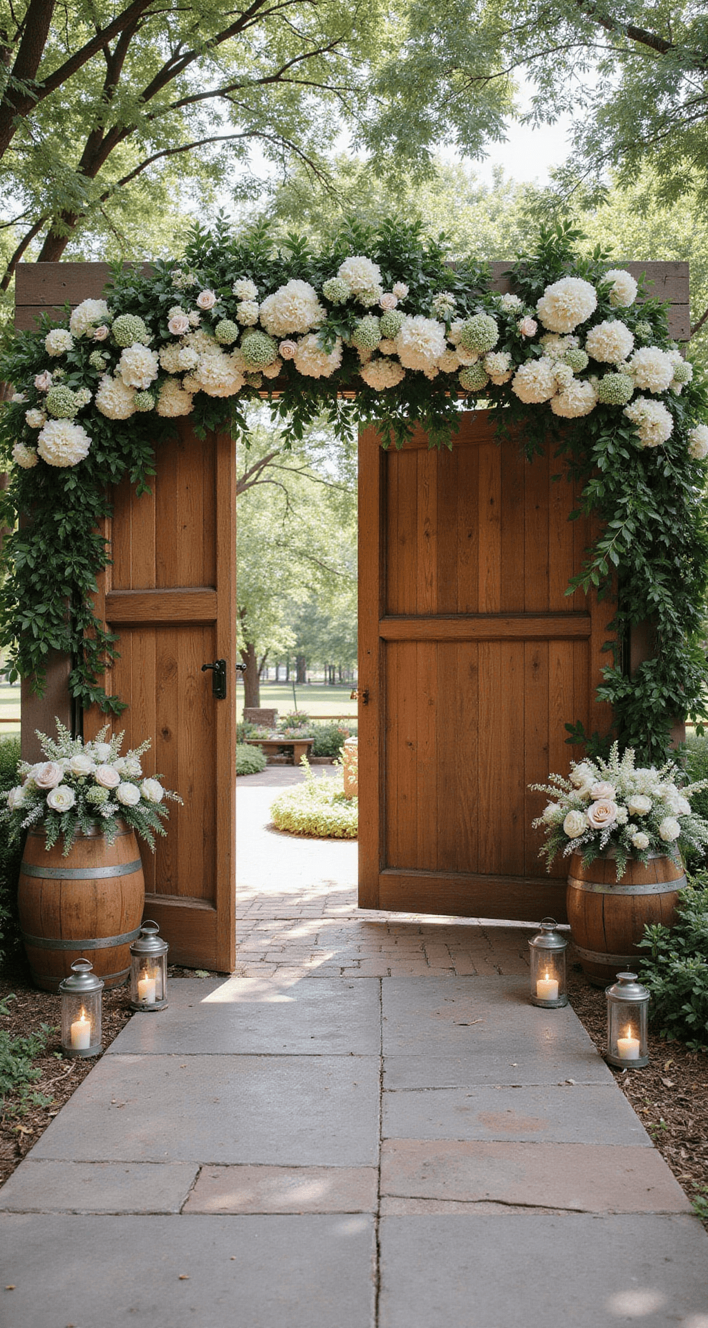 Rustic garden wedding entrance with open wooden barn doors, floral arch of cream and sage hydrangeas and peonies, vintage wine barrels with wildflowers, stone pathway lined with lanterns, sunlight filtering through oak trees, warm terracotta and olive green colors.