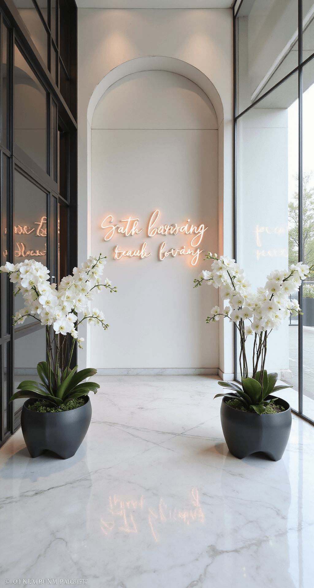 A modern minimalist wedding entrance featuring sleek white marble floors, floor-to-ceiling glass walls, sculptural white orchid arrangements in matte black vessels, a geometric metal archway with integrated LED lighting, a soft rose gold neon sign, and overhead lighting enhancing a contemporary elegance in a crisp white and metallic color scheme.