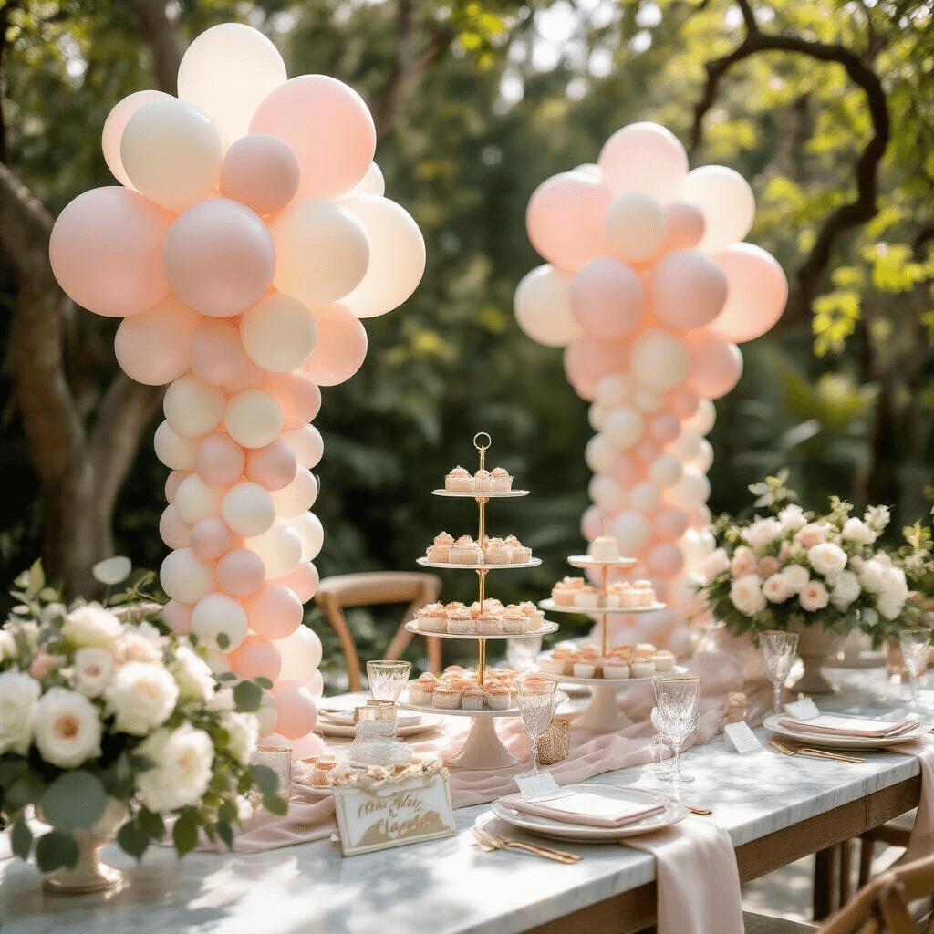 Close-up detail of an elegant outdoor garden party setup featuring balloon columns in blush pink and cream, a dessert table with holiday treats, fresh white roses, and gold calligraphy place cards all illuminated by soft morning light.