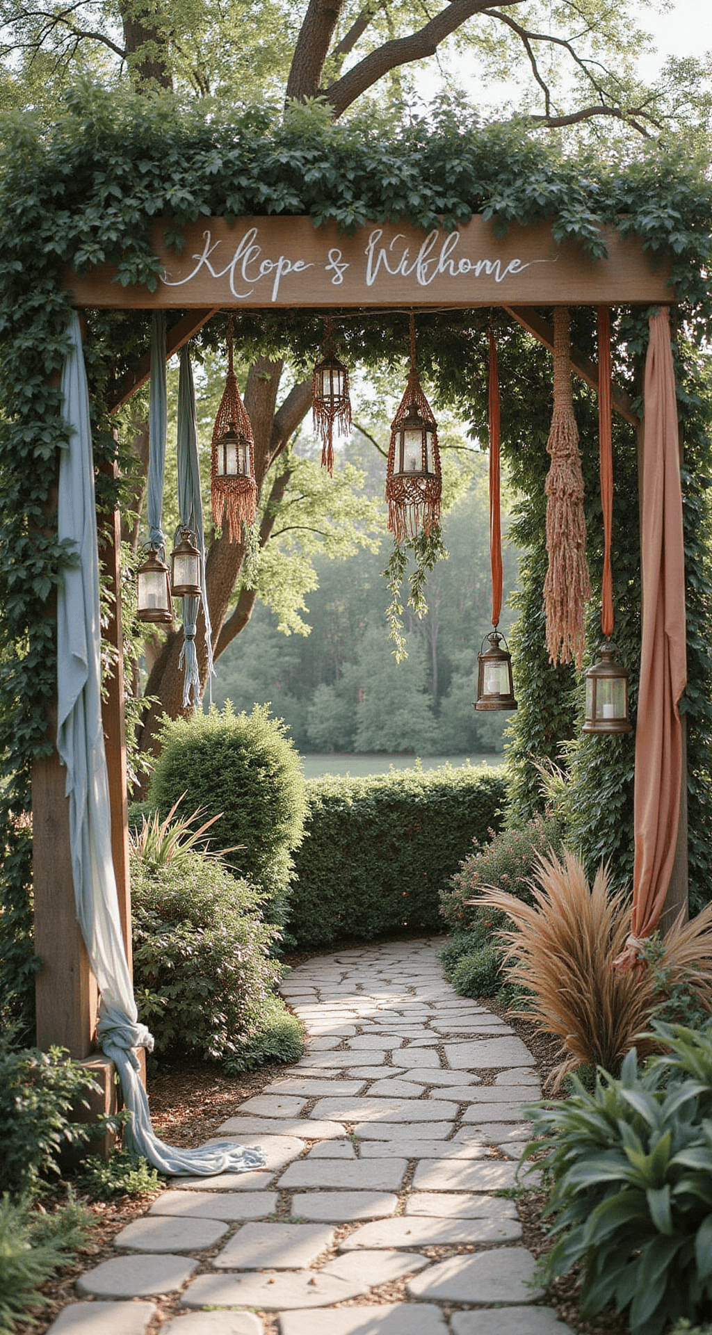A bohemian garden wedding entrance featuring macramé hanging hoops adorned with dusty blue and terracotta silk ribbons, surrounded by abundant greenery and dried pampas grass. Wooden rustic signage with hand-lettered calligraphy, vintage brass lanterns suspended at different heights, and a natural stone pathway enhance the dreamy atmosphere in soft morning light.