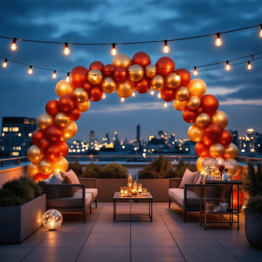 Cinematic wide shot of a modern rooftop terrace adorned with a dramatic terracotta and gold balloon arch, featuring festive Santa and candy cane striped balloons, string lights creating magical bokeh, contemporary outdoor furniture, seasonal greenery, and a sleek bar cart, all illuminated against a backdrop of twinkling city lights.