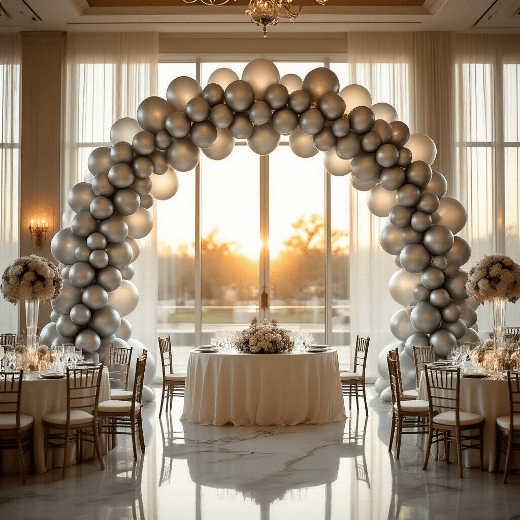 Cinematic wide-angle shot of an elegant ballroom at golden hour, featuring a 15-foot silver balloon garland arch behind the head table, with chrome silver, pearl white, and metallic gray balloons, low silver balloon topiaries on ivory silk tables, polished marble floors reflecting light, and warm candlelight from crystal chandeliers.