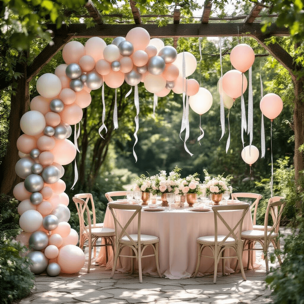 Overhead view of a whimsical garden party setup featuring a silver and blush balloon installation on a rustic pergola, with tables adorned in blush linen, vintage brass vessels with flowers, and fairy lights, creating a romantic and elegant atmosphere in soft morning light.