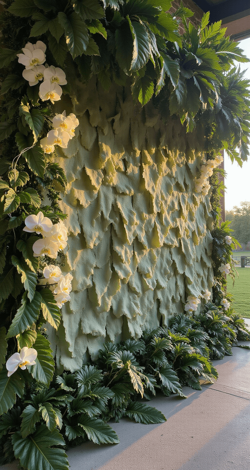A lavish wedding altar backdrop adorned with layered banana leaves in shades of green, featuring white orchids and string lights, illuminated by golden hour sunlight.