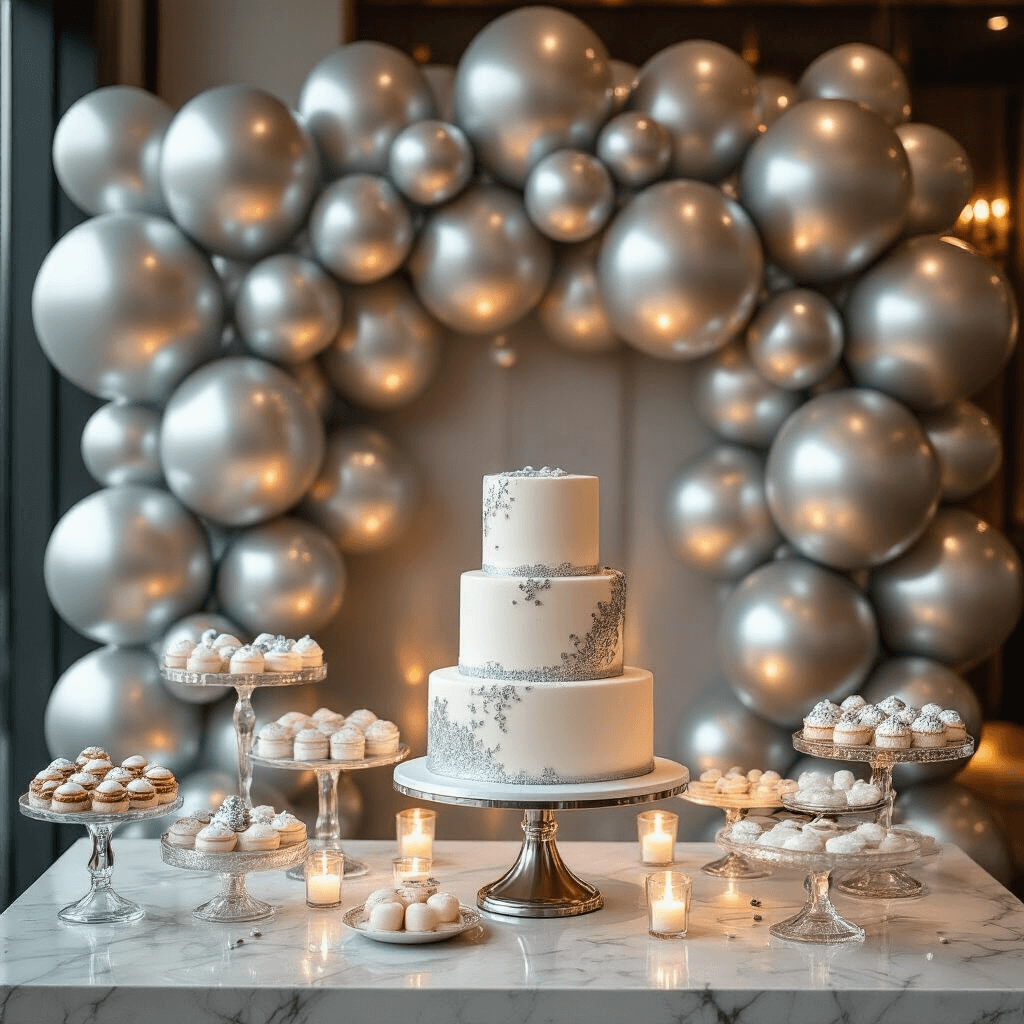 Close-up of a luxurious dessert table in a modern apartment, featuring an elaborate silver balloon backdrop, a three-tier marble cake with white fondant and silver leaf, and various desserts on crystal pedestals, all illuminated by warm LED lights and surrounded by pillar candles, with rich navy blue velvet runners enhancing the silver decor.