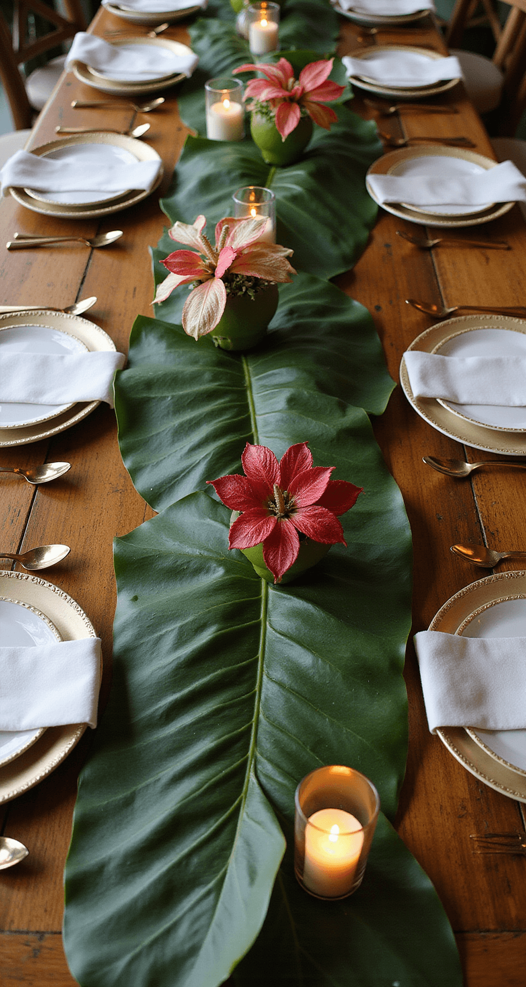 A flat lay of a sophisticated reception table runner with banana leaves, white ceramic plates, gold cutlery, tropical anthuriums, proteas, and candlelight in glass votives on a wooden farm table.