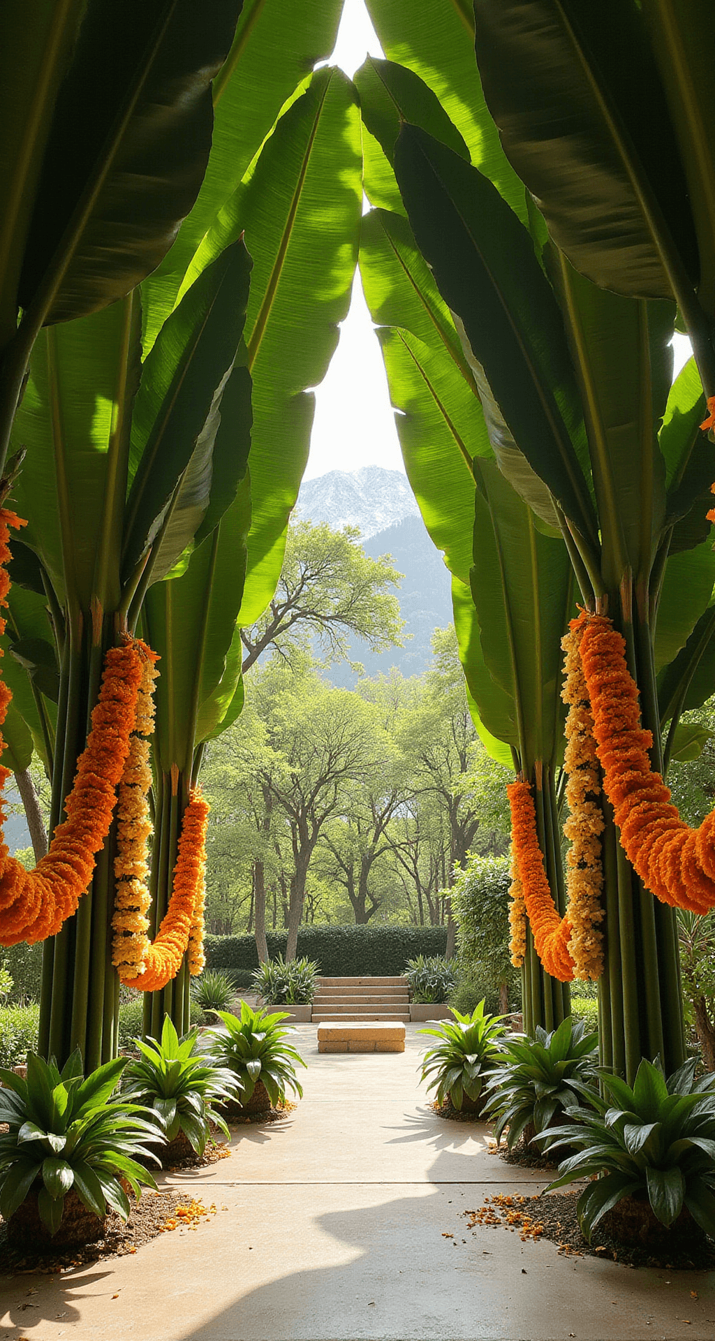 An overhead shot of a contemporary mandap design featuring overlapping banana leaf panels, adorned with marigold and jasmine garlands, bathed in soft diffused sunlight creating an ethereal atmosphere.