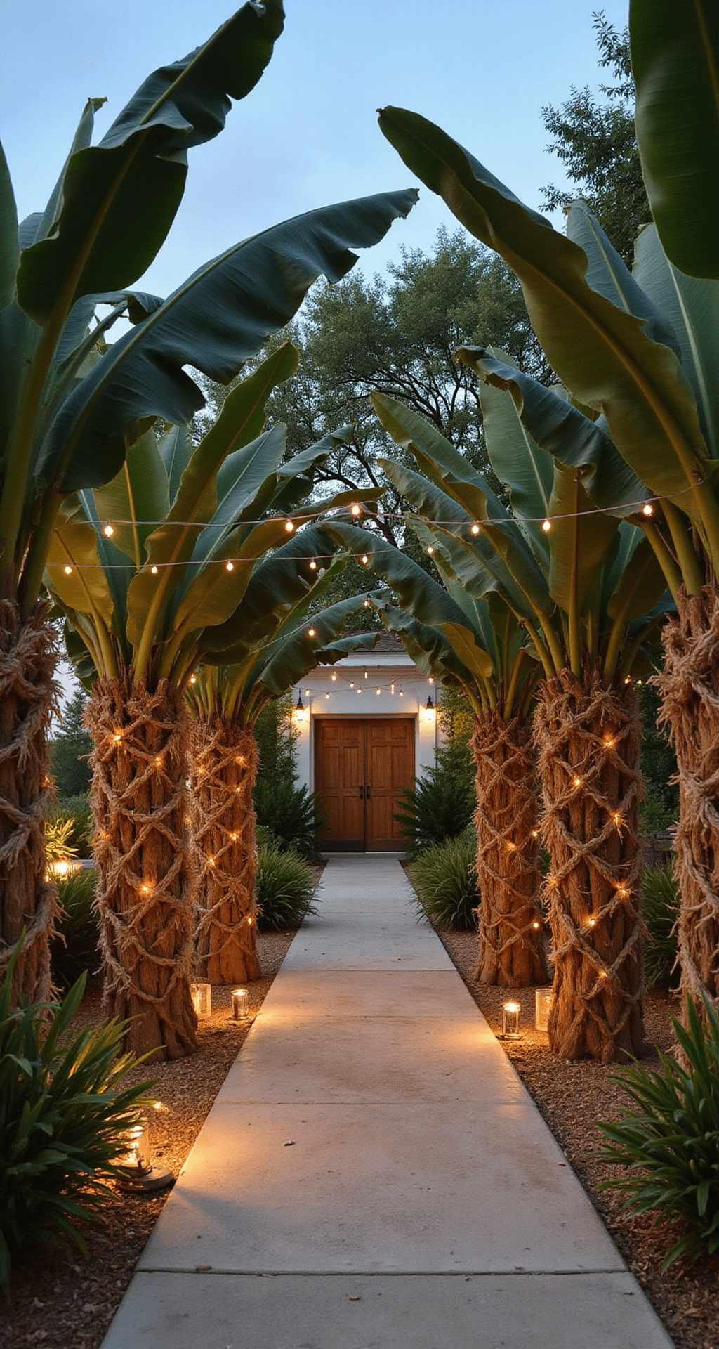 A bohemian outdoor wedding entrance with banana leaf pillars, dried pampas grass, macramé elements, and warm string lights, creating a magical atmosphere.