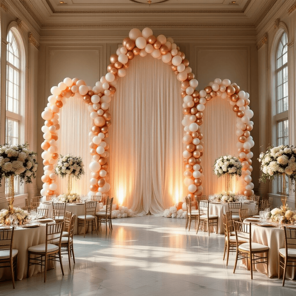 Elegant indoor ballroom with balloon arch backdrops in rose gold, blush pink, and white, surrounded by round tables with silk ivory linens, gold-rimmed glassware, and floral centerpieces, bathed in warm golden hour light.
