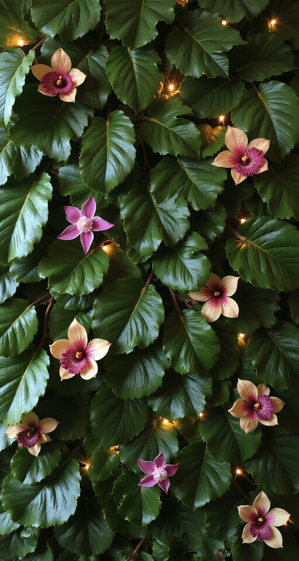 An intimate photo booth backdrop featuring layered banana leaves in various green tones, adorned with vibrant orchids and anthurium blooms, complemented by twinkling fairy lights for a dreamy effect.