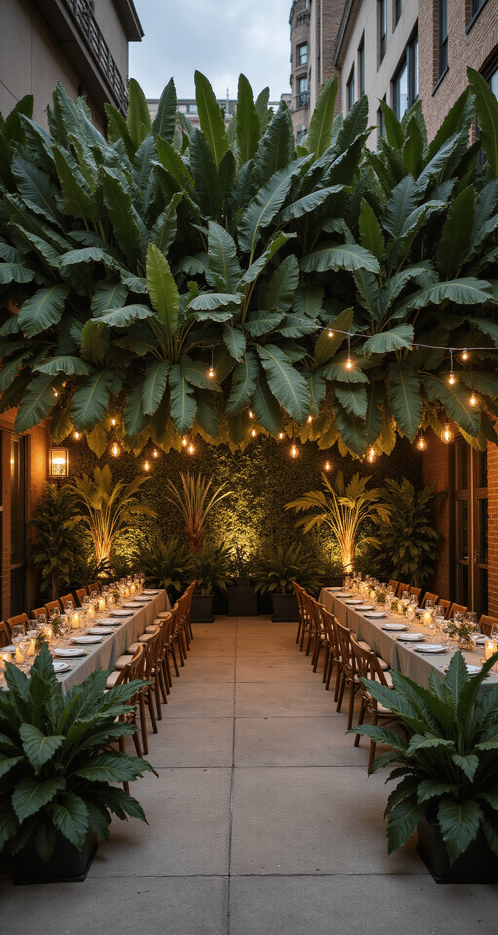 A vibrant rooftop wedding reception featuring a sculptural banana leaf installation as a partition, with strategic lighting casting dramatic shadows and warm terracotta and sage accents enhancing the greenery, creating an intimate atmosphere in an urban setting.