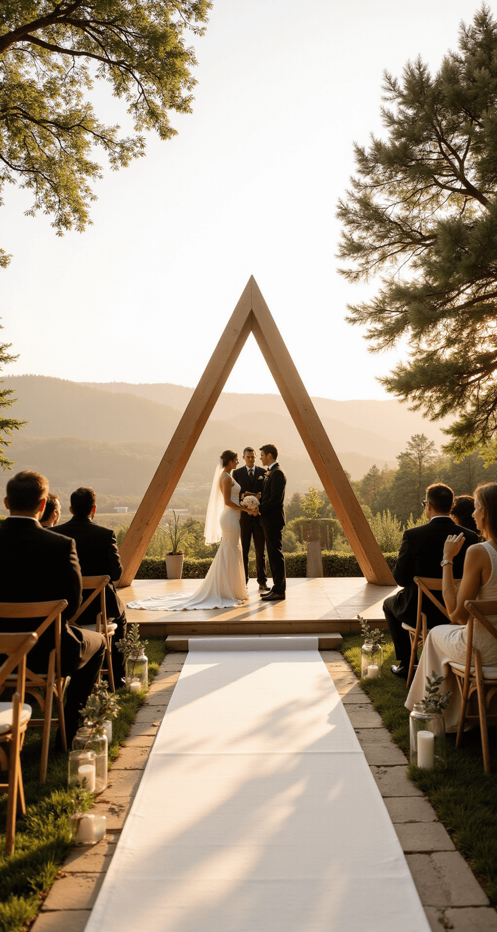 Elegant minimalist wedding ceremony arch in golden hour sunlight with a geometric bleached wood triangle frame, white linen aisle runner, eucalyptus branches in glass jars as aisle markers, and silhouettes of bride and groom exchanging vows under the arch, surrounded by seated guests on wood chairs, natural stone pathways, and rolling hills in the background.