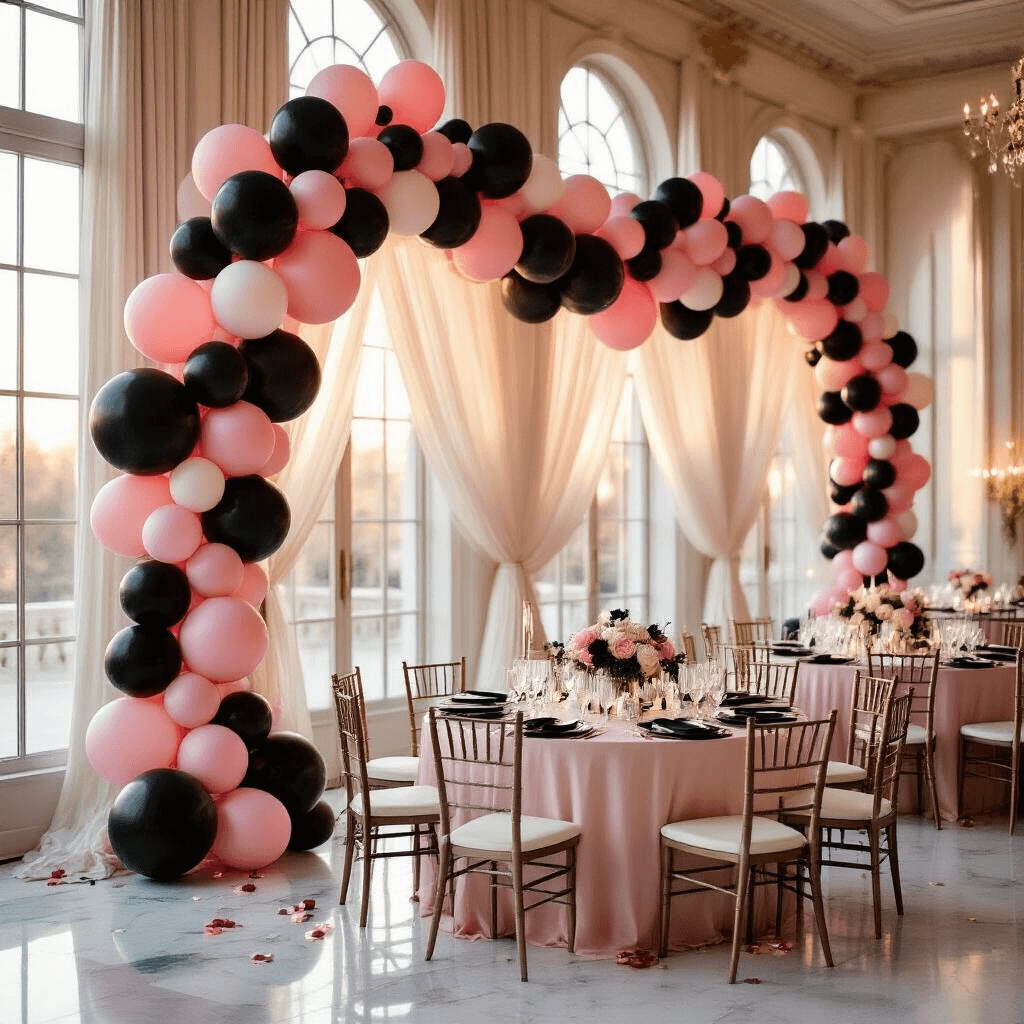 An elegant ballroom decorated with a black and pink balloon garland along ivory silk walls, featuring blush pink table linens, black charger plates, and illuminated by natural sunlight from tall windows, with delicate fairy lights, crystal glassware, and rose gold accents creating a luxurious, romantic atmosphere.