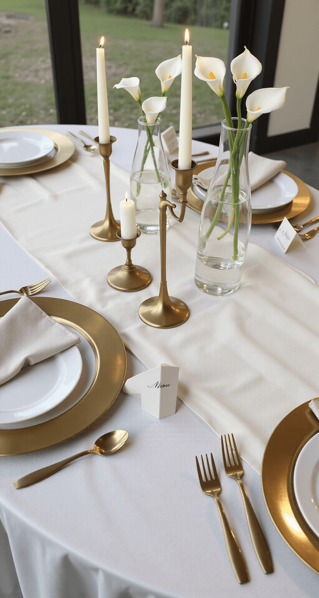Minimalist wedding table setup featuring a white linen tablecloth, cream silk table runner, brushed gold charger plates, white ceramic dinnerware, clear glass taper candle holders with ivory candles, white calla lily bud vases as centerpiece, simple folded napkins, and handwritten calligraphy menu cards, all illuminated by soft morning light.
