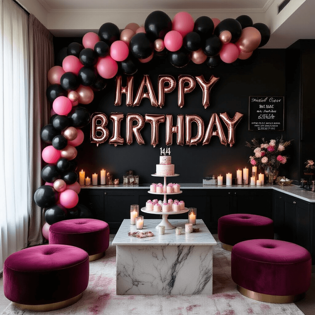 Intimate flat lay of a modern living room decorated for a milestone birthday, featuring a dramatic black and pink balloon garland, silver number balloons, deep burgundy velvet seating, a tiered birthday cake on a marble countertop, candlelight ambiance, and a sophisticated color palette of black, hot pink, rose gold, and cream.