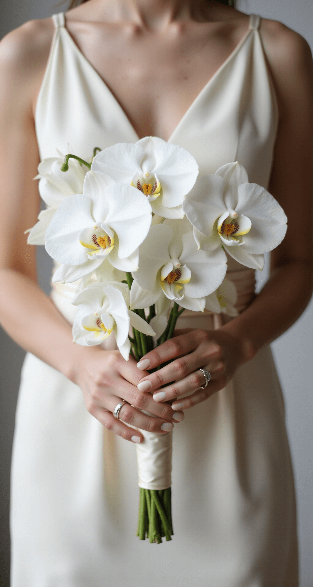 Close-up of a minimalist bridal bouquet featuring white orchid stems wrapped in cream silk ribbon, held by a bride in a simple silk gown, against a soft bokeh background, highlighting elegant textures and negative space.
