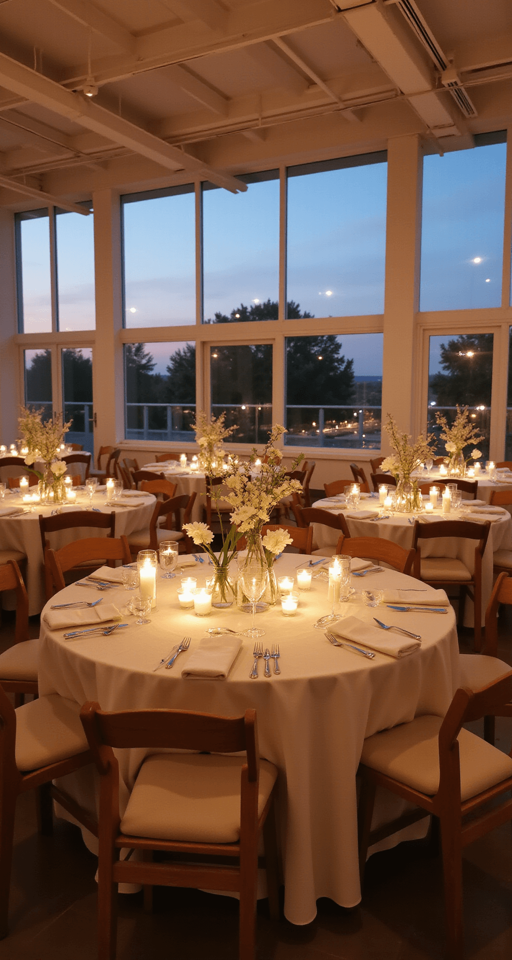 Cinematic wide shot of a minimalist wedding reception in a modern indoor ballroom, featuring round tables with white linens and cream silk runners, tall glass vases with white flowers, various heights of candles, and warm ambient lighting, all under an exposed beam ceiling with large twilight windows, creating a luxurious and elegant atmosphere.