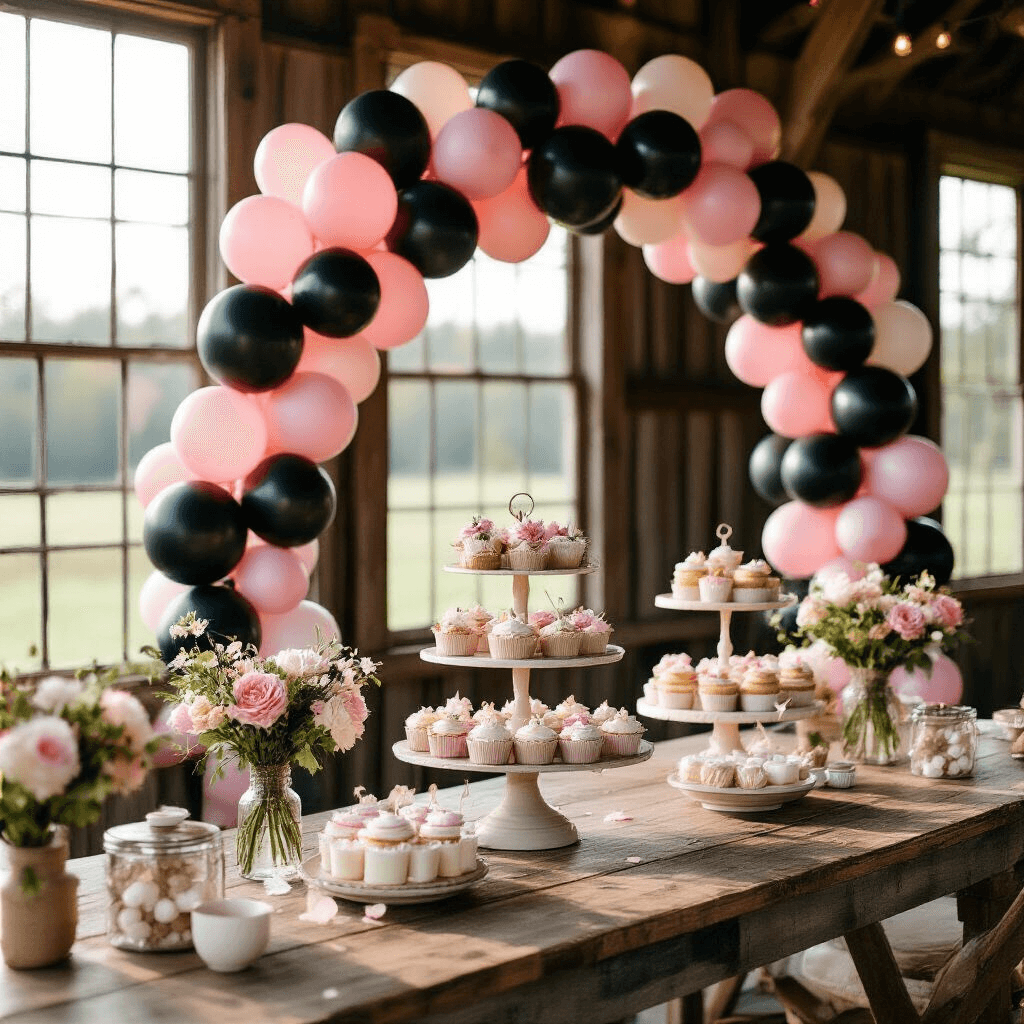 Close-up of a rustic barn venue bathed in soft morning light, featuring an organic black and pink balloon arch around a dessert cart. The setup includes biodegradable balloons, clear confetti balloons, vintage wooden tables with tiered cakes and custom favors, and mason jars of pink and white florals, highlighting a blend of elegance and countryside charm.