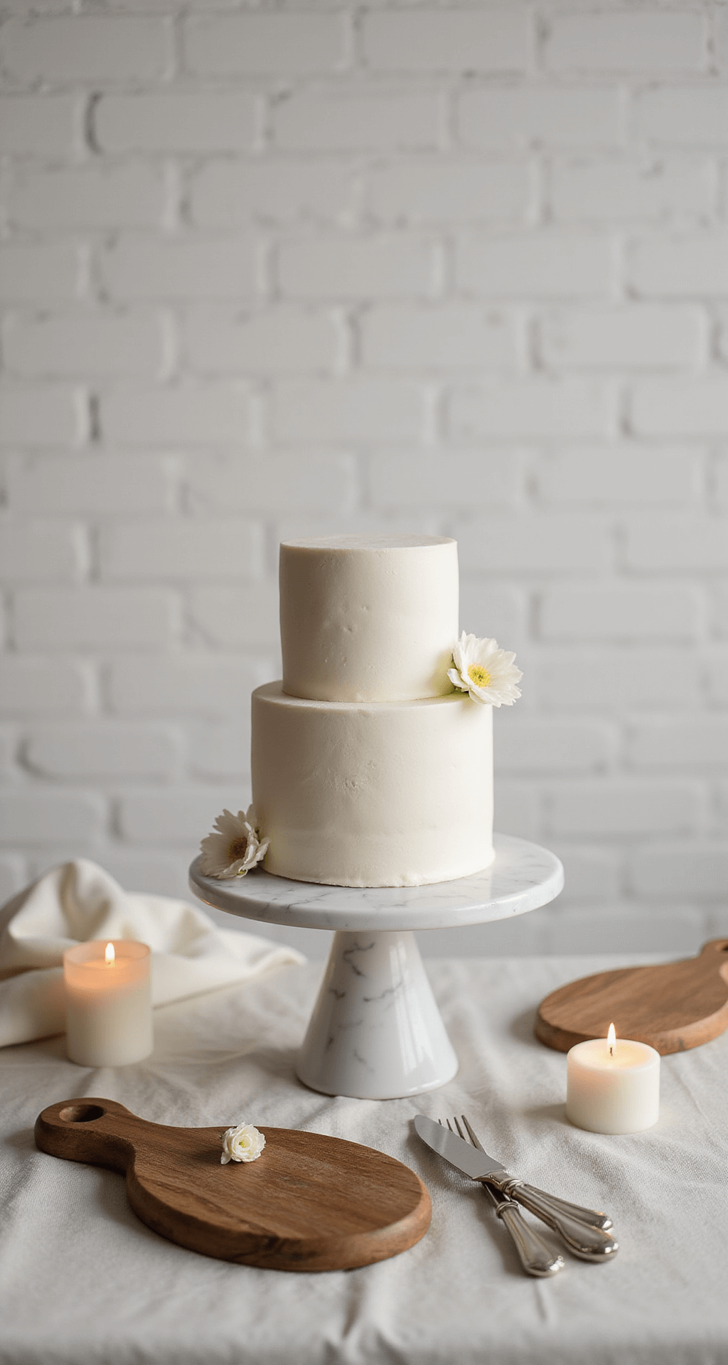 Medium shot of a minimalist dessert display featuring a simple three-tier white cake on a marble cake stand, surrounded by small white pillar candles, with a neutral linen backdrop and a single white flower accent, in a warm-lit intimate dining room setting with exposed white brick walls.