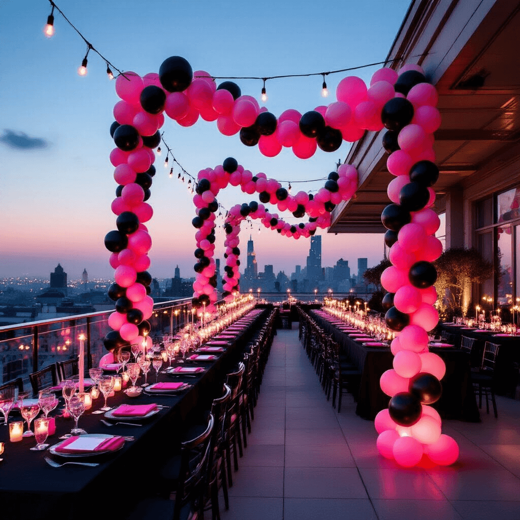 A glamorous rooftop terrace adorned with a black and pink balloon garland, elegant dining setup, and fairy lights, against a panoramic city backdrop at dusk.