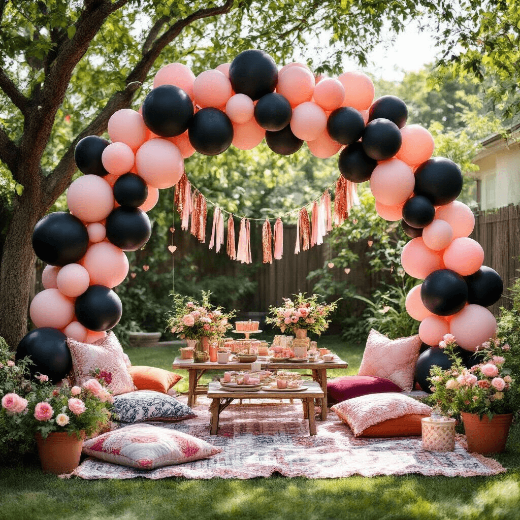 A wide-angle view of a stylish backyard garden party featuring a no-stand balloon arch made with fishing line, decorated with organic black and pink balloons, rose gold foil heart balloons, and festive streamers. Picnic setups with vintage quilts and velvet cushions create a cozy atmosphere, complemented by a gift table showcasing coordinated wrapping. Fresh florals in terracotta pots enhance the festive scene, all under the bright midday sun, embodying a cheerful blend of sophistication and fun.