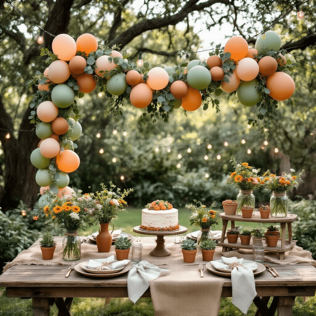 Overhead flat lay of a rustic garden party setup with a wooden farm table, terracotta and sage green balloon garlands, ceramic plates, wildflower centerpieces, a vintage dessert cart with a naked cake, and fairy lights strung between oak trees, all bathed in soft morning light.
