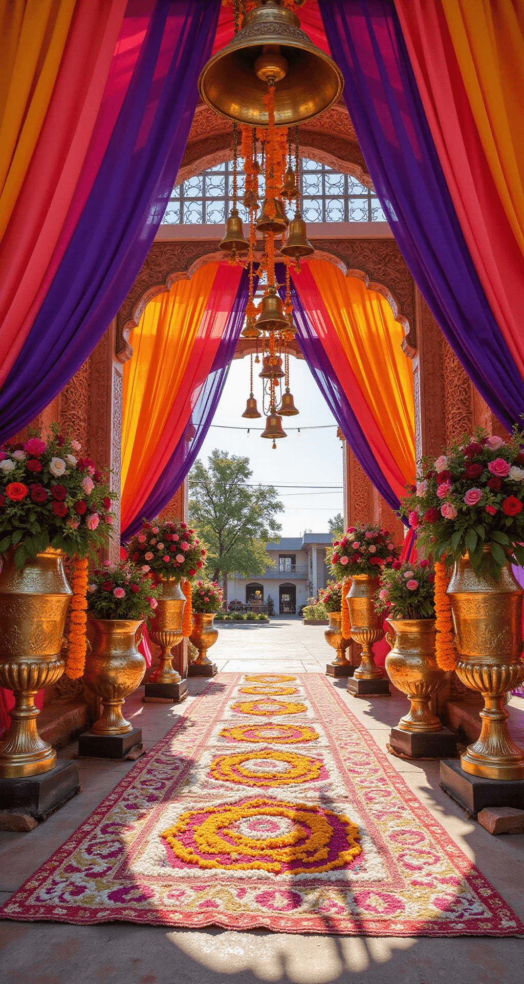 Close-up of vibrant Telugu wedding entrance decorations featuring ornate golden arches, heavy silk drapes in royal purple, bright orange, and hot pink, large flower arrangements in brass urns, and colorful rangoli patterns on the ground, all under midday sunlight.