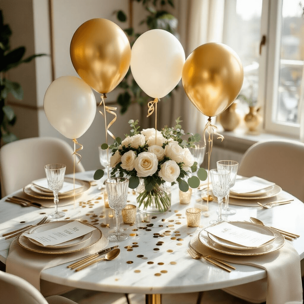 Overhead view of an elegant birthday celebration at a marble dining table adorned with gold number balloons, ivory linen placemats, and crystal stemware, surrounded by fresh white roses and eucalyptus, all bathed in soft morning light.