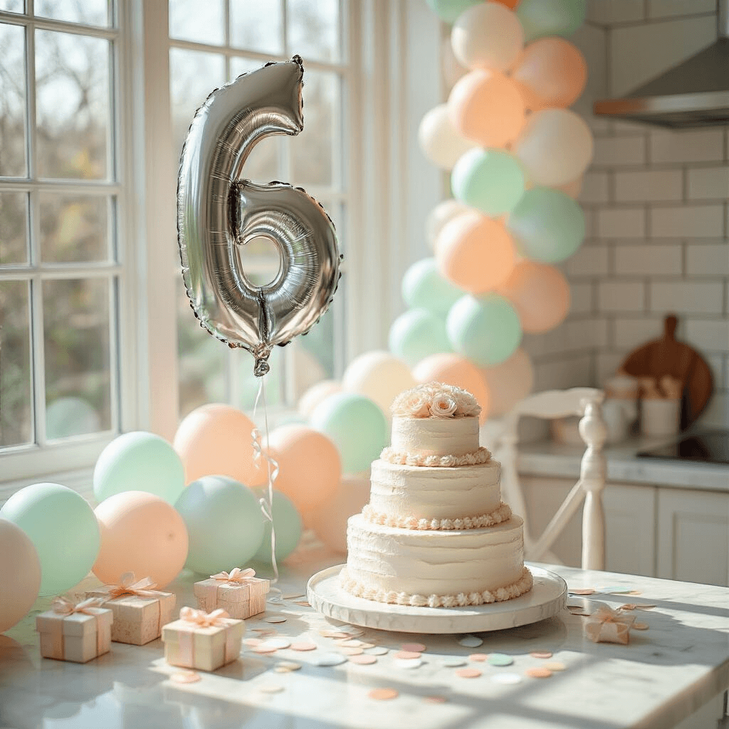 Close-up of a whimsical first birthday high chair decorated with a silver number balloon and pastel balloon garland in a bright kitchen, featuring a vanilla cake with buttercream roses and playful confetti.