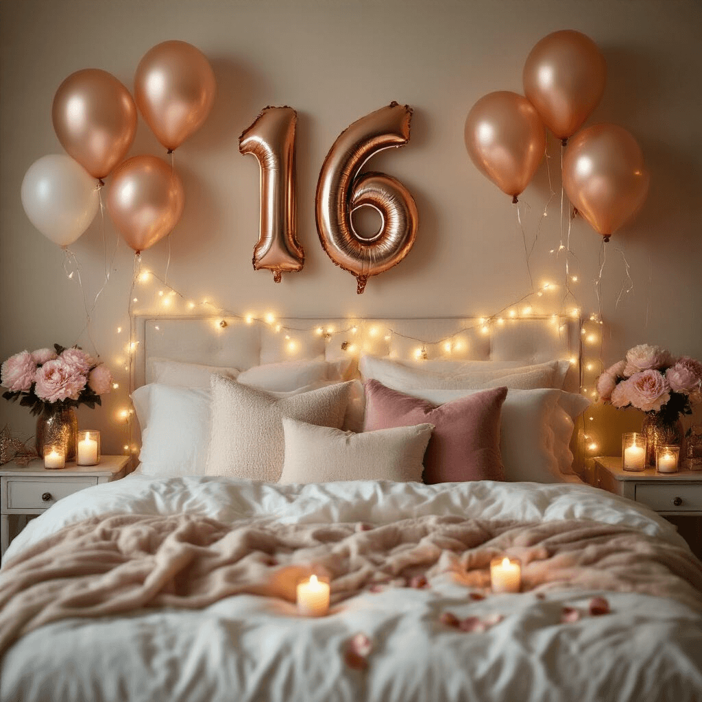 Cozy candlelit bedroom setup with rose gold number balloons on white bedding, layered throw pillows, fairy lights, floating candles, metallic confetti, and fresh pink peonies in mercury glass vases, creating an elegant celebration atmosphere.