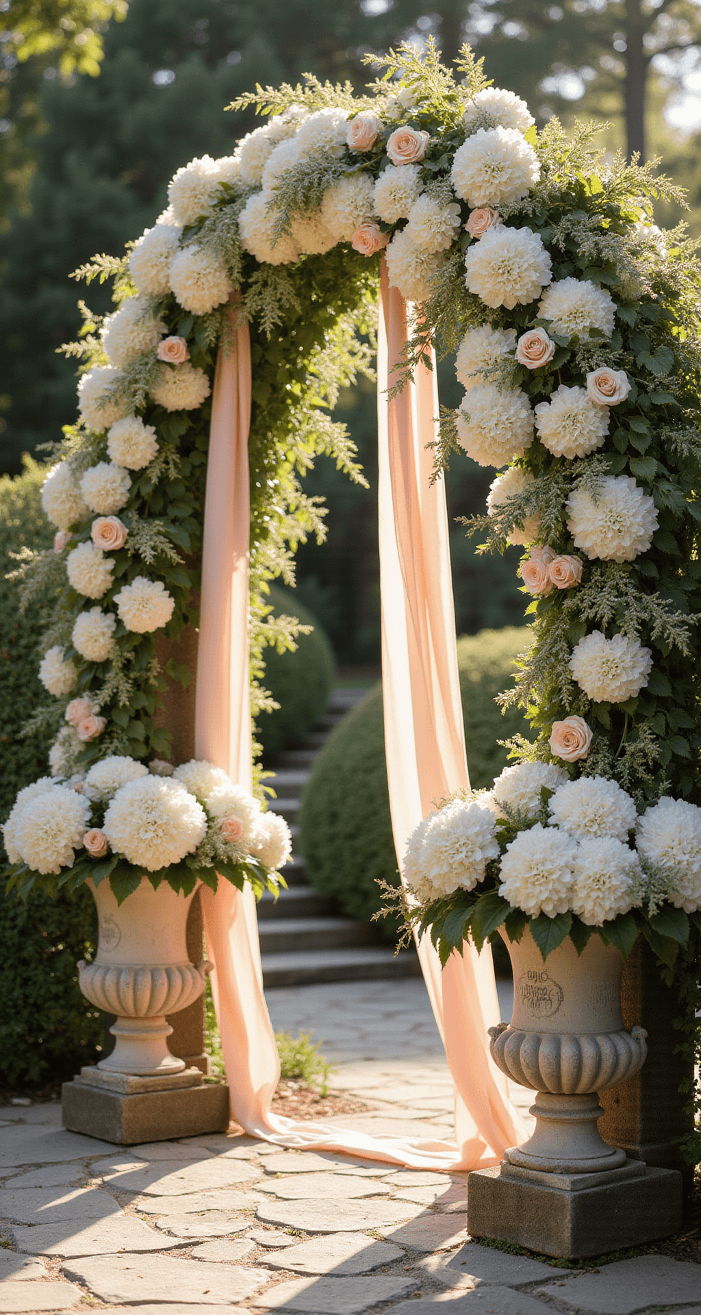 Hydrangea Wedding Decor: How to Create Stunning Arrangements Without Breaking the Bank A romantic garden ceremony arch adorned with cascading white and soft pink hydrangeas, trailing ivy, and garden roses, set against manicured estate gardens during golden hour, with blush silk ribbon streamers and vintage ceramic urns, all basking in warm sunlight.