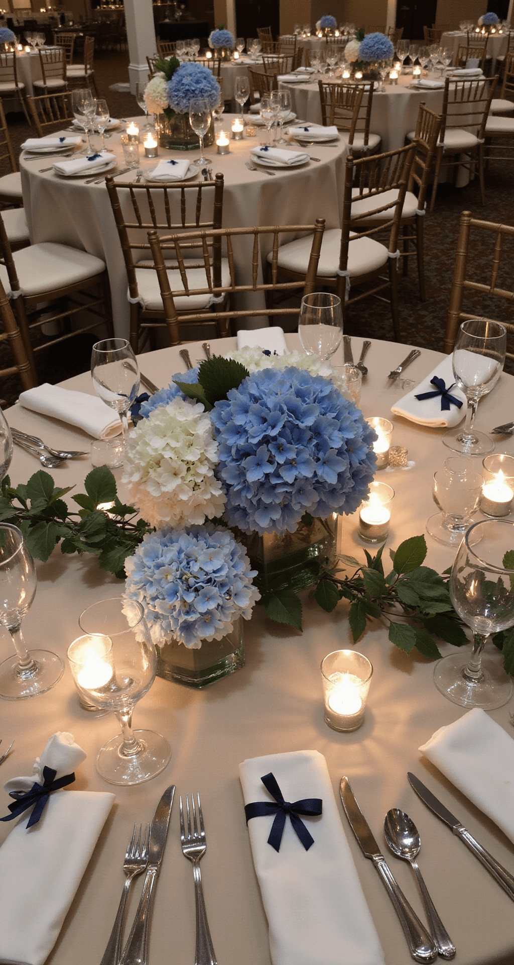 Hydrangea Wedding Decor: How to Create Stunning Arrangements Without Breaking the Bank An elegant overhead view of a ballroom reception featuring round tables with ivory silk linens, geometric glass vases filled with blue and white hydrangeas, eucalyptus garlands, and mercury glass votive candles, illuminated by fairy lights overhead.