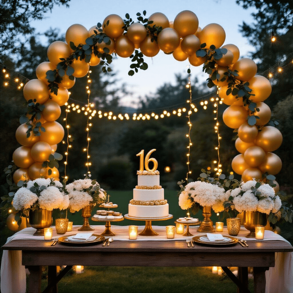 A moody wide-angle view of a stylish backyard evening celebration adorned with fairy lights, featuring a gold balloon garland arch over a rustic dessert table, warm string lights, vintage brass cake stands, white hydrangeas in mercury glass, gold accents, and glowing votive candles against a darkening sky.