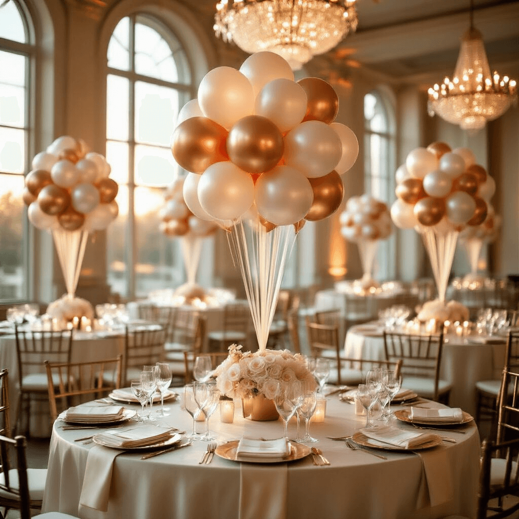 Elegant indoor ballroom during golden hour with luxurious balloon bouquets as centerpieces on round tables, featuring ivory silk linens, crystal chandeliers, and ornate place settings amidst warm ambient light.